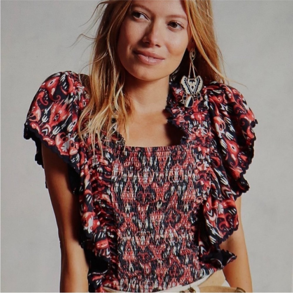 Anthropologie Let Me Be Smocked Crop Top Floral Red Blue Motif